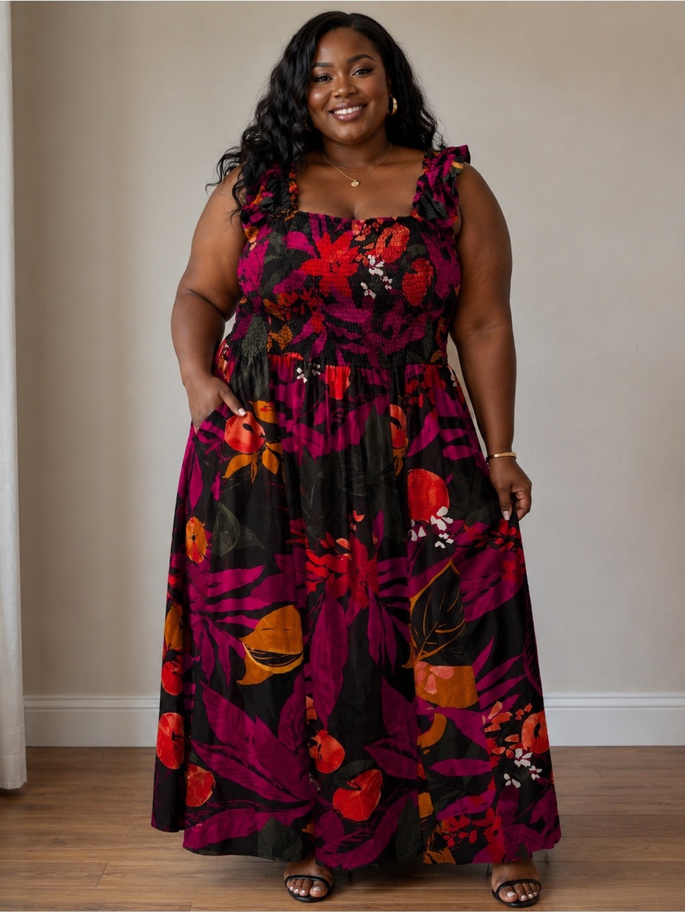 Black Floral Maxi Dress with Fuchsia & Orange Print